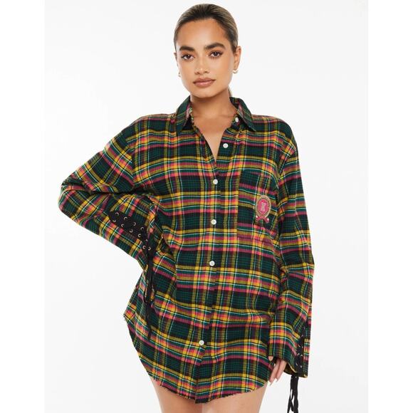 Savage X Fenty Tops - Savage X Fenty Distressed Flannel Shirt Green Pink Sleep Top Women's size Large